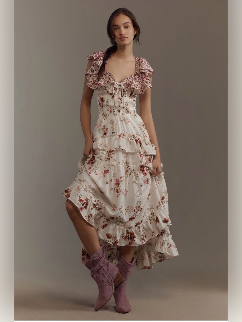 Anthropologie Maeve Ruffle-Sleeve V-Neck Lace-Up Midi Dress NWT